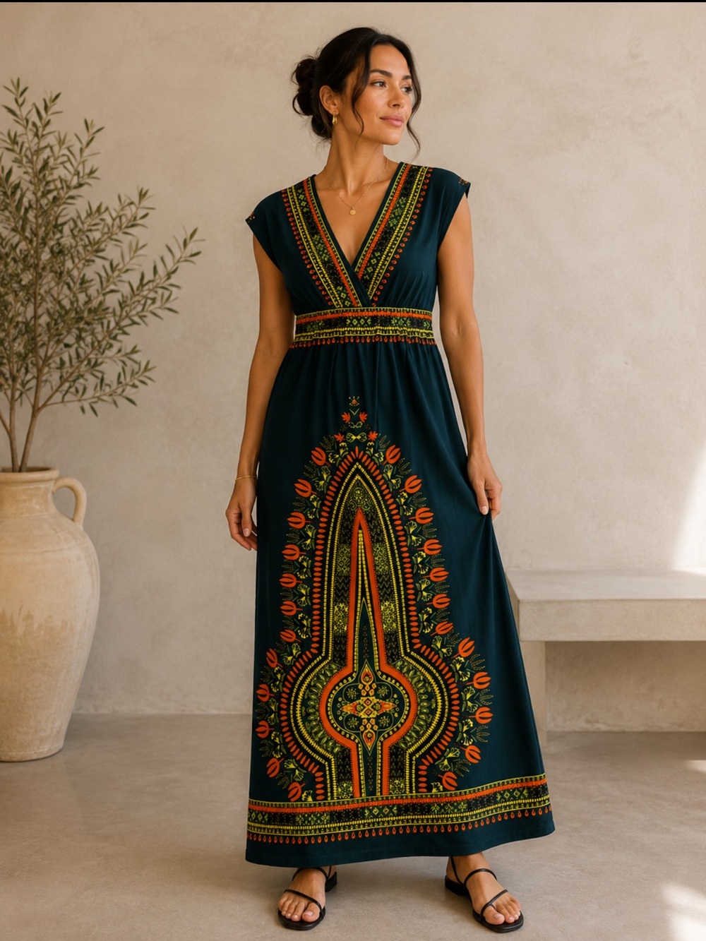 Green Dashiki-Inspired Border Print Maxi Dress